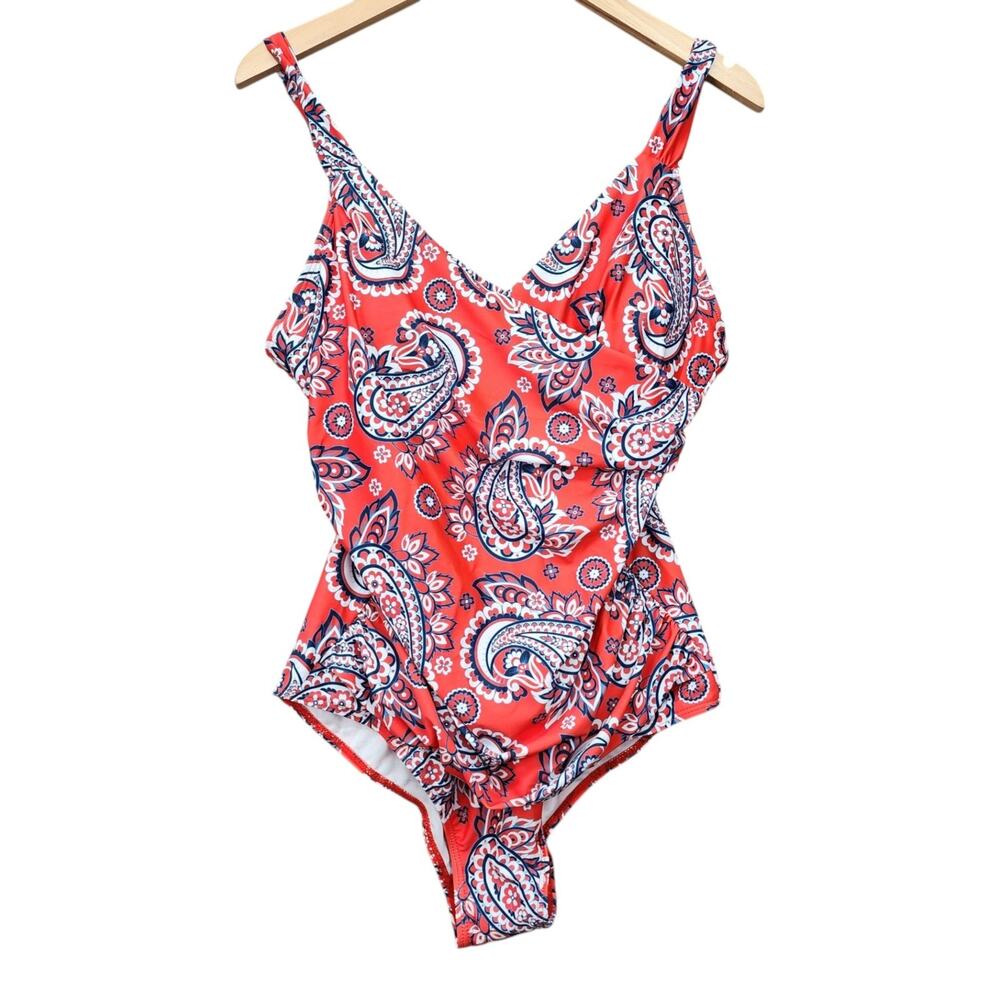 NWT Clwerk One Piece Swimsuit Women’s XL Red Blue Paisley Crossover Bathing Suit - Picture 2 of 12